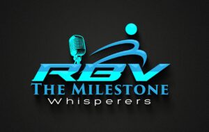 A blue and black logo with a microphone